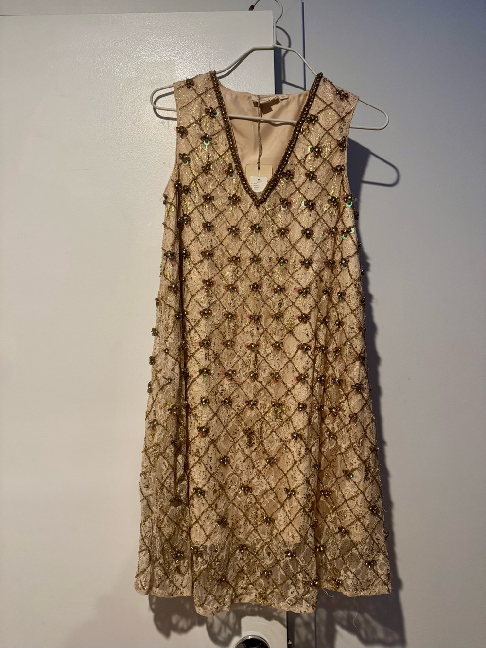 NWT- Beautiful Beaded V-Neck Mini Dress in Champagne